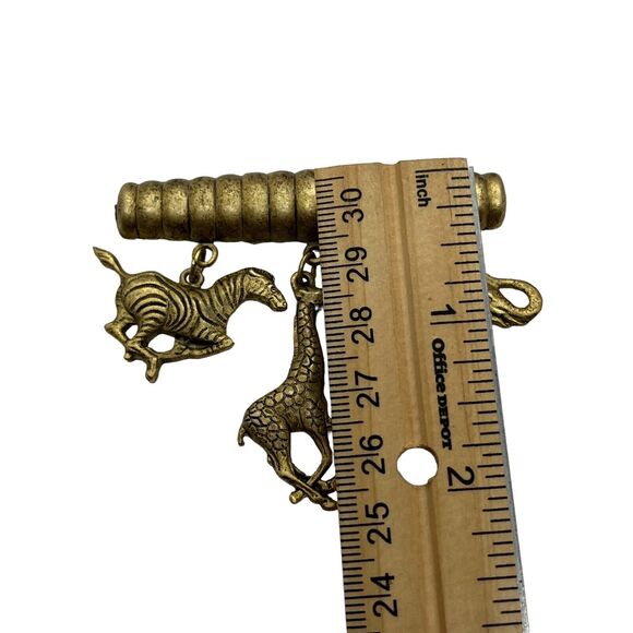 Safari Animal Pin Bar Brooch Vintage Gold Tone Dangling Elephant Giraffe Zebra - Picture 2 of 16